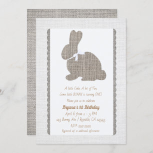 White Grey Burlap Rustic Bunny Easter 1st Birthday Invitation