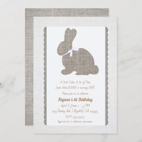 White Grey Burlap Rustic Bunny Easter 1st Birthday Invitation