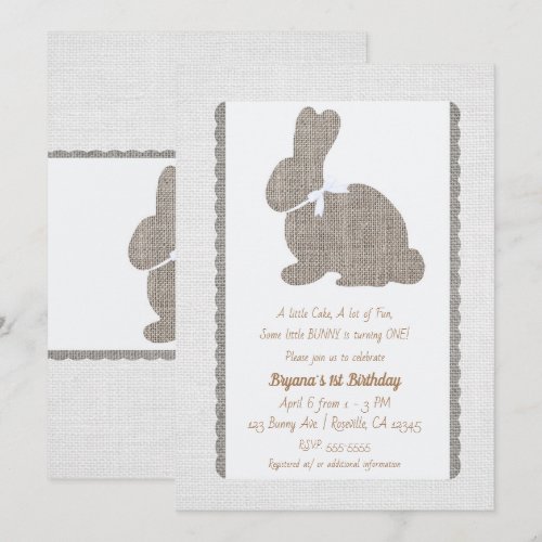 White Grey Burlap Rustic Bunny Easter 1st Birthday