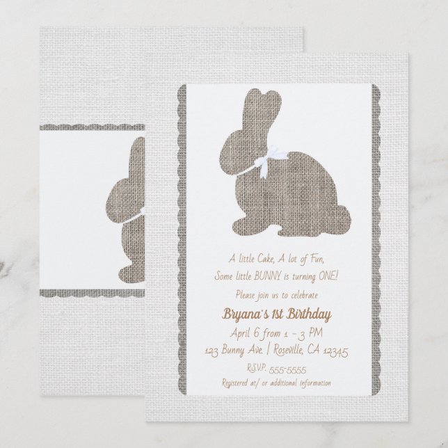 White Grey Burlap Rustic Bunny Easter 1st Birthday Invitation (Front/Back)
