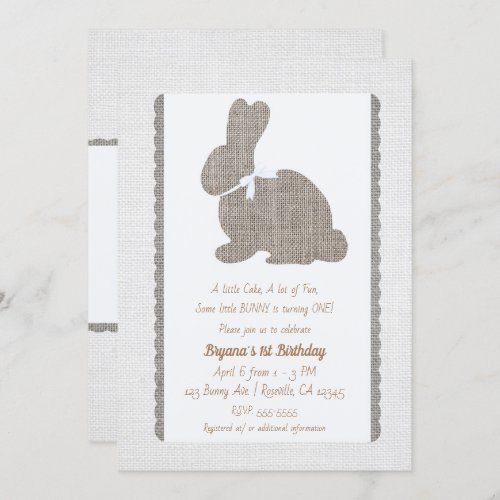 White Grey Burlap Rustic Bunny Easter 1st Birthday Invitation