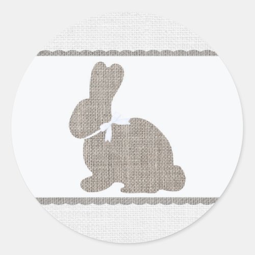 White Grey Burlap Rustic Bunny Easter Baby Shower Classic Round Sticker