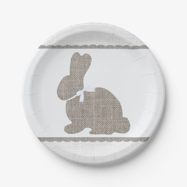 White Grey Burlap Rustic Bunny Easter Baby Shower Paper Plates (Front)