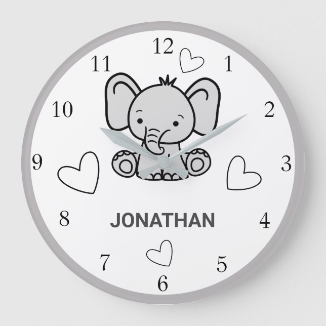 White Grey Cute Elephant Nursery Wall Clock (Front)