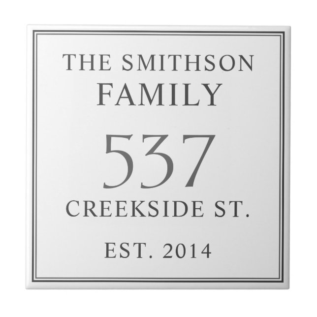 White & Grey Date Established Address House Plaque Ceramic Tile (Front)