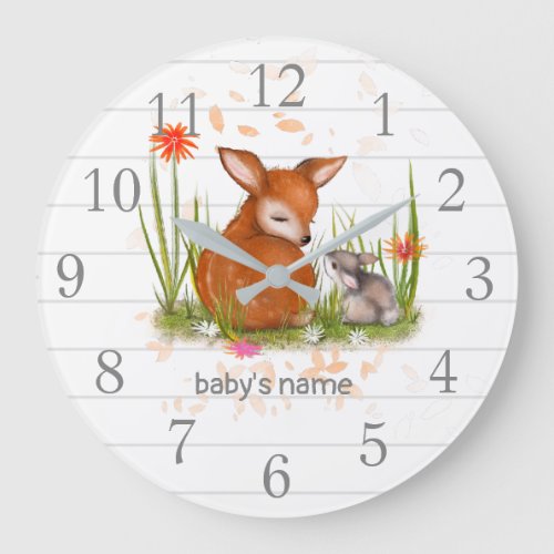 White Grey Deer Bunny Nursery Decor Wall Clock