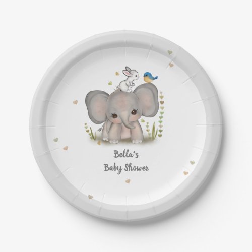 White Grey Elephant Bunny Baby Shower Paper Plate