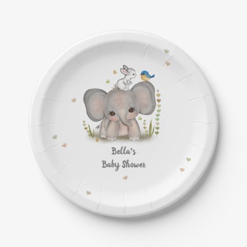 White Grey Elephant Bunny Baby Shower Paper Plates