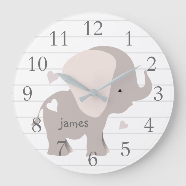 White Grey Elephant Nursery Wall Clock (Front)