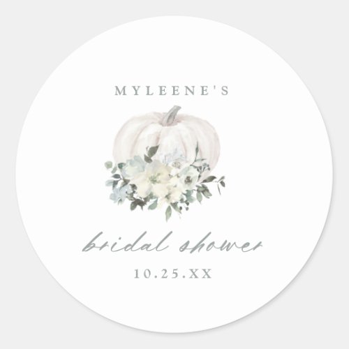 White  Grey Floral Pumpkin Bridal Shower Classic Round Sticker