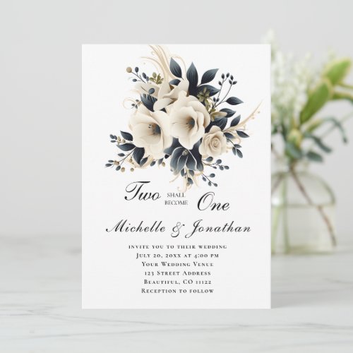 White Grey Floral Two Become One Bible Wedding Invitation