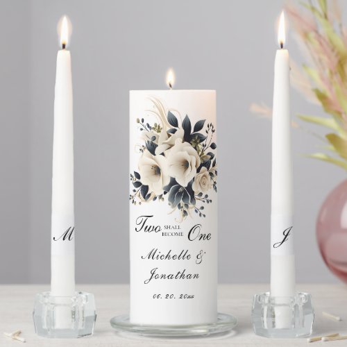 White Grey Floral Two Become One Bible Wedding Unity Candle Set