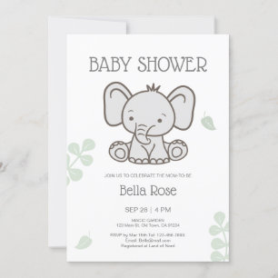 White Grey Gender Neutral Elephant Baby Shower Invitation