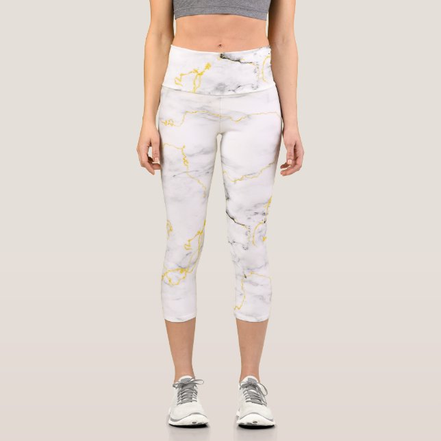 White grey gold foil marble pattern capri leggings (Front)