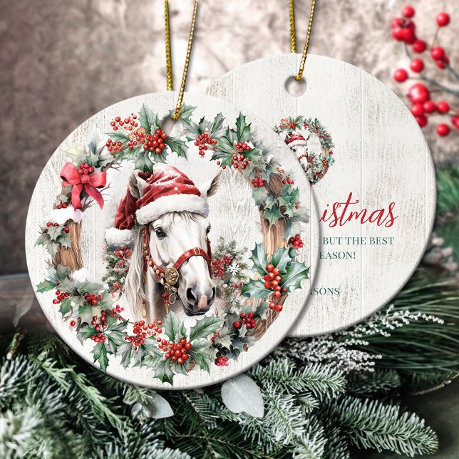 White grey horse Christmas holly berry wreath wood Ceramic Ornament (White grey horse Christmas holly berry wreath wood Ceramic Ornament)