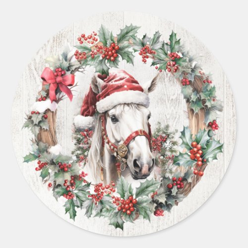 White grey horse Christmas holly berry wreath wood Classic Round Sticker