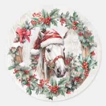 White grey horse Christmas holly berry wreath wood
