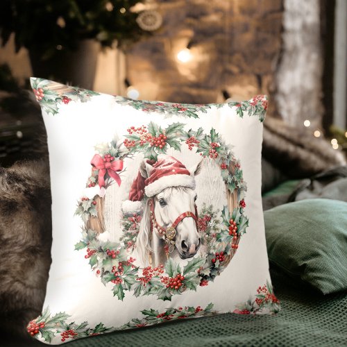 White grey horse Christmas holly berry wreath wood Throw Pillow