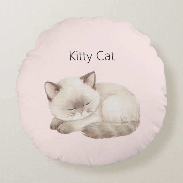White Grey Kitty Cat Round Pillow (Front)