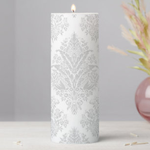 White Grey Lace Damask Elegant Classy Pillar Candle