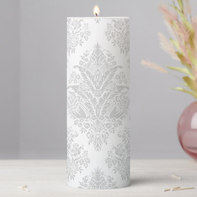 White Grey Lace Damask Elegant Classy Pillar Candle (In Situ)