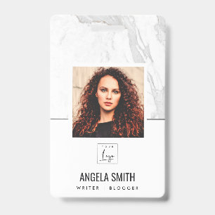 WHITE GREY MARBLE TEXTURE EMPLOYEE PHOTO BARCODE   BADGE