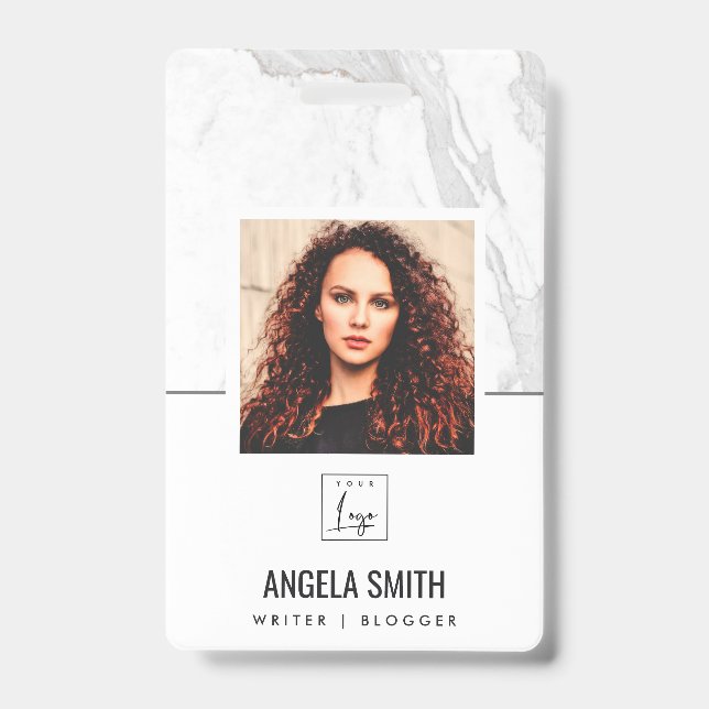 WHITE GREY MARBLE TEXTURE EMPLOYEE PHOTO BARCODE   BADGE (Front)