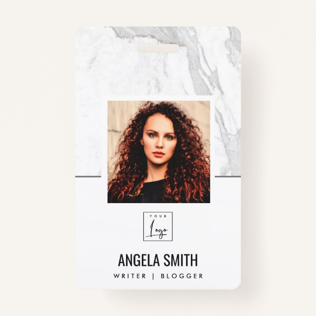 WHITE GREY MARBLE TEXTURE EMPLOYEE PHOTO BARCODE   BADGE (Front)