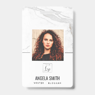 WHITE GREY MARBLE TEXTURE EMPLOYEE PHOTO BARCODE  BADGE
