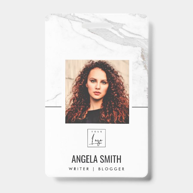 WHITE GREY MARBLE TEXTURE EMPLOYEE PHOTO BARCODE  BADGE (Front)