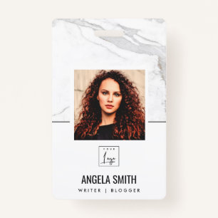 WHITE GREY MARBLE TEXTURE EMPLOYEE PHOTO BARCODE BADGE