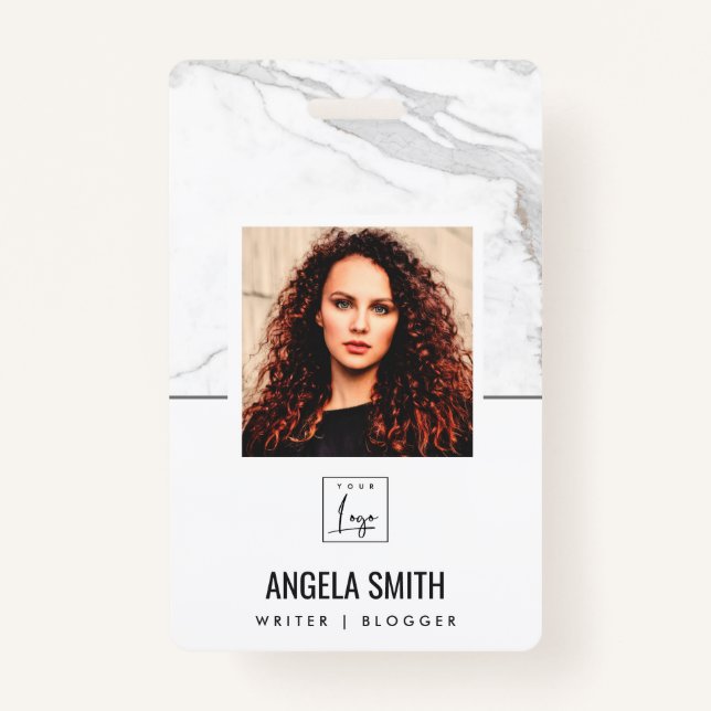 WHITE GREY MARBLE TEXTURE EMPLOYEE PHOTO BARCODE  BADGE (Front)