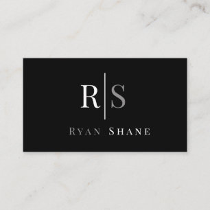 White & Grey Monogram & Name, Black & Silver Business Card