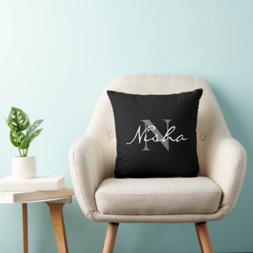 White Grey Monogram Name Black Throw Pillow