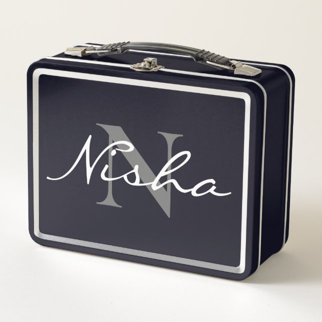 White Grey Monogram Name Metal Lunch Box (Front)