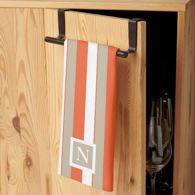White Grey Orange Stripes Monogram     Kitchen Towel (Thirds Fold)