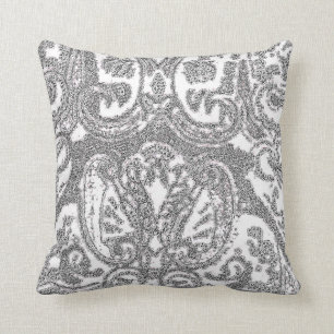 White Grey Paisley Throw Pillow/Coussin Pillow