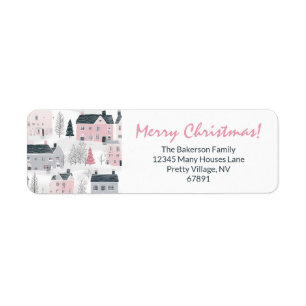White, Grey, Pink Christmas Vintage Houses Label