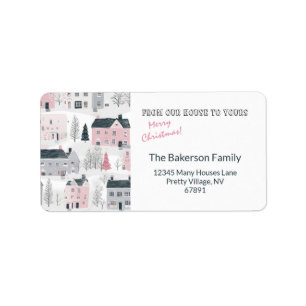 White, Grey, Pink Vintage Christmas Houses Label