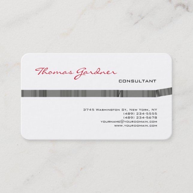 White Grey Red Handwriting Plain Modern Minimalist Business Card (Front)