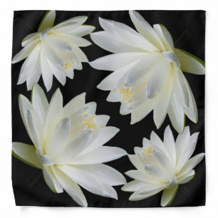 White Grey Water Lilies Square Bandana Black Bkg