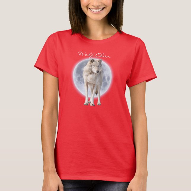 White Grey Wolf & Full Moon WOLF CLAN Wildlife Art T-Shirt (Front)
