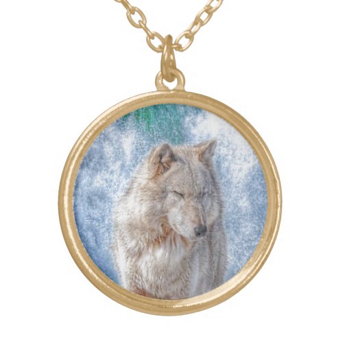 White Grey Wolf  Rocky Mountain Waterfall Gold Plated Necklace