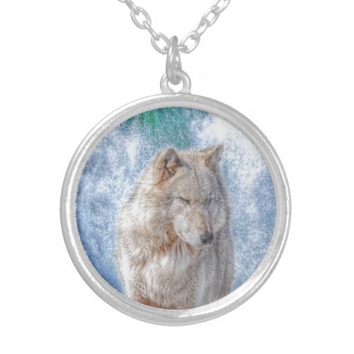 White Grey Wolf  Rocky Mountain Waterfall Silver Plated Necklace