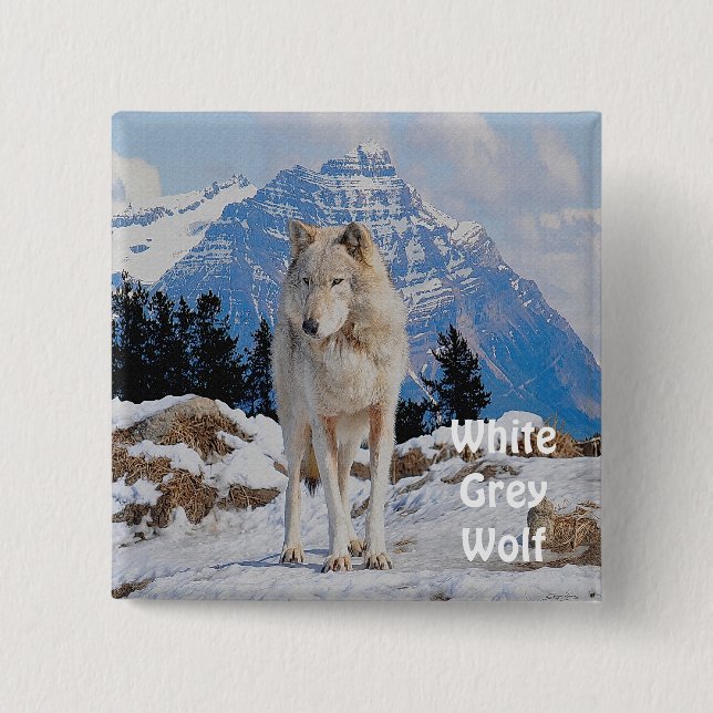 White Grey Wolf & Rocky Mountains Wildlife Button (Front)