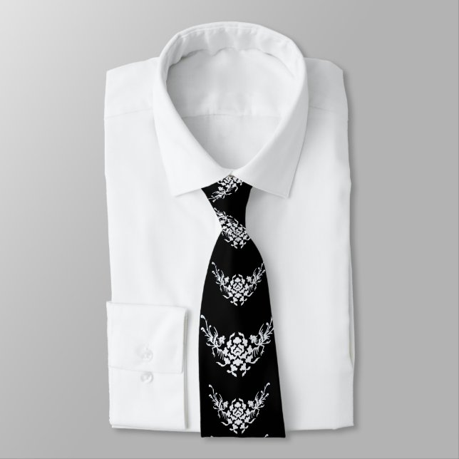 WHITE GRIFFINS AND FLOWERS IN BLACK NECK TIE (Tied)