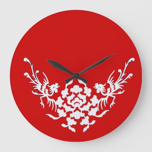 WHITE GRIFFINS AND FLOWERS IN RED LARGE CLOCK