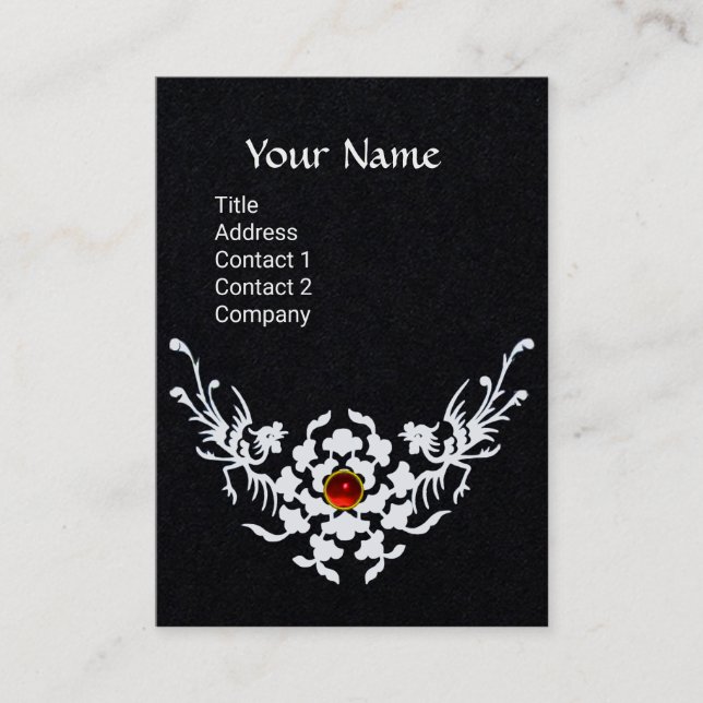 WHITE GRIFFINS,RED GEM FLORAL MONOGRAM Black Paper Business Card (Front)