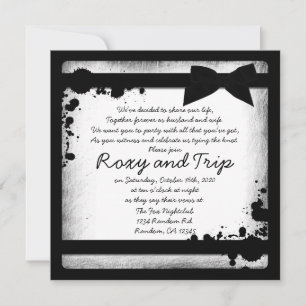 White grunge black ribbon wedding invites