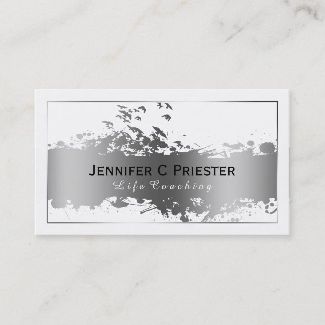 White & Grunge Silver Stripe & Flying Birds 2 Business Card (Front)
